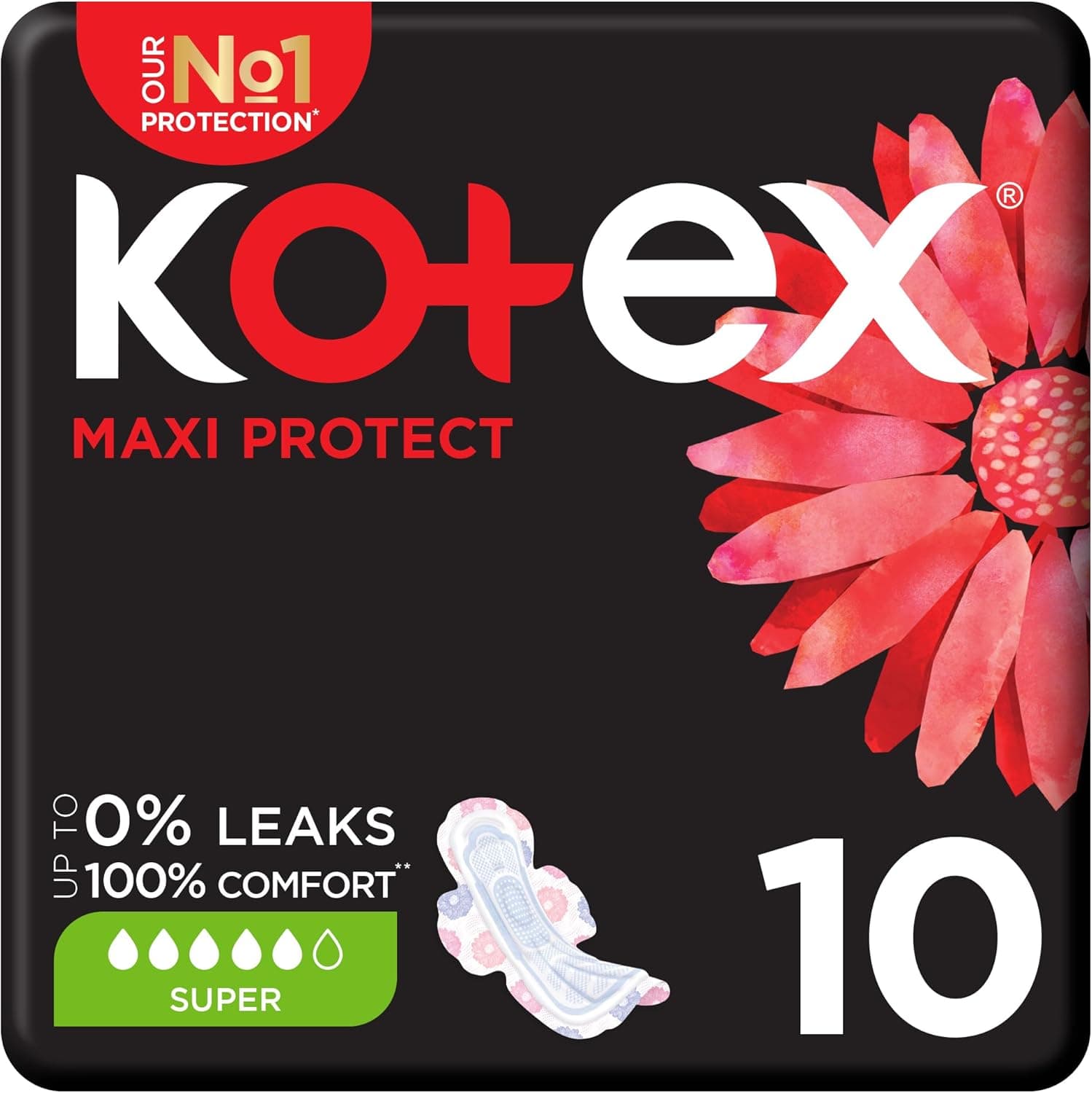 Kotex Maxi Protect Thick Pads, Super Size Sanitary Pads with Wings, 10 Sanitary Pads - 1