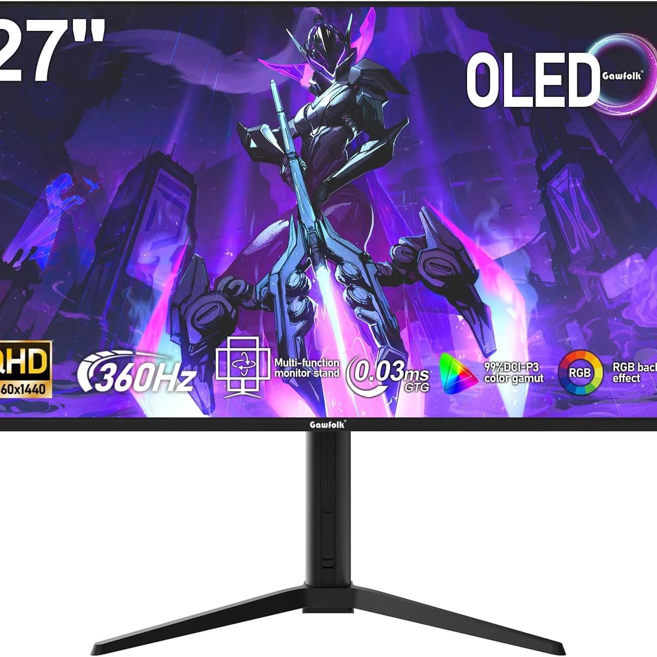 Gawfolk 27 Inch QD-OLED Gaming Monitor QHD 360Hz 0.03ms(GTG) PIP/PBP 99% DCI-P3 FreeSync HDR400 1.5M:1Contrast Ratio VESA RGB atmosphere light With Tilt/Height/Swivel Adjustable Stand (Black) - 1