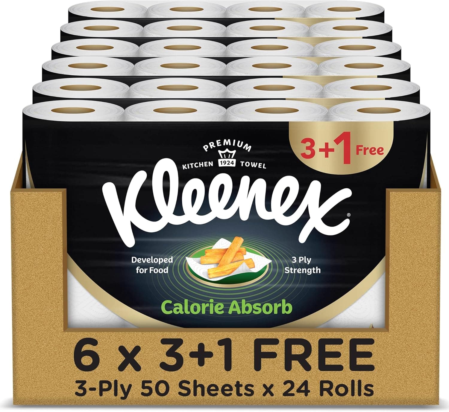 Kleenex Calorie Absorb Kitchen Tissue Paper Towel, 3 PLY, 24 Rolls x 50 Sheets, Food-Grade Strong Absorbent Kitchen Tissue - 1