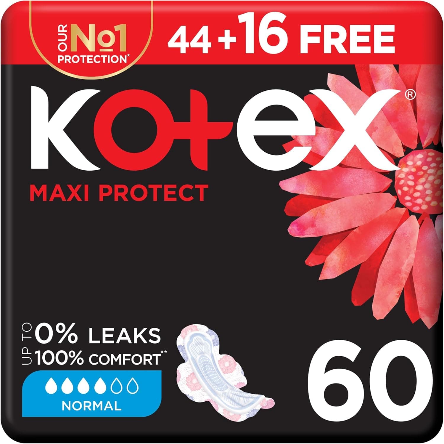 Kotex Maxi Protect Thick Pads, Normal Size Sanitary Pads with Wings, 60 Sanitary Pads - 1