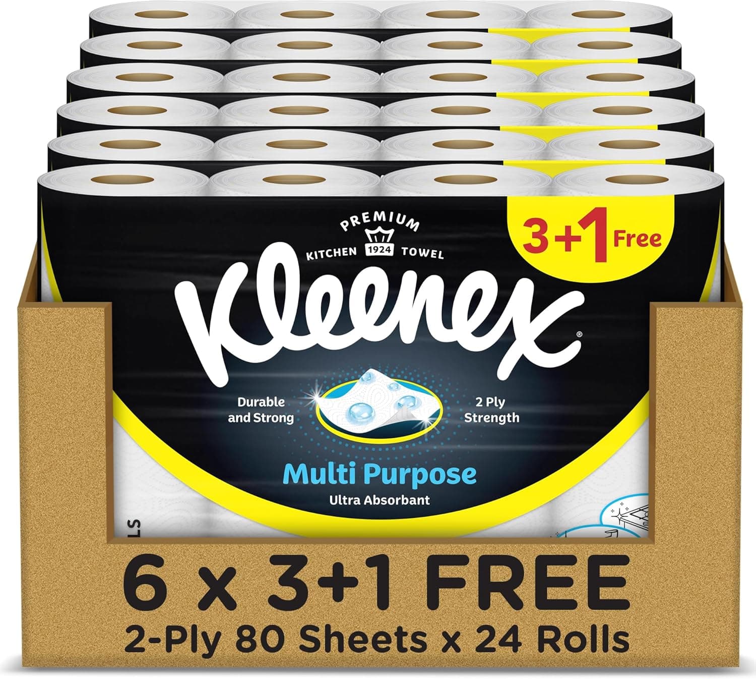 Kleenex Multi Purpose Kitchen Tissue Paper Towel, 2 PLY, 24 Rolls x 90 Sheets, Absorbent Towels for all Surfaces - 1