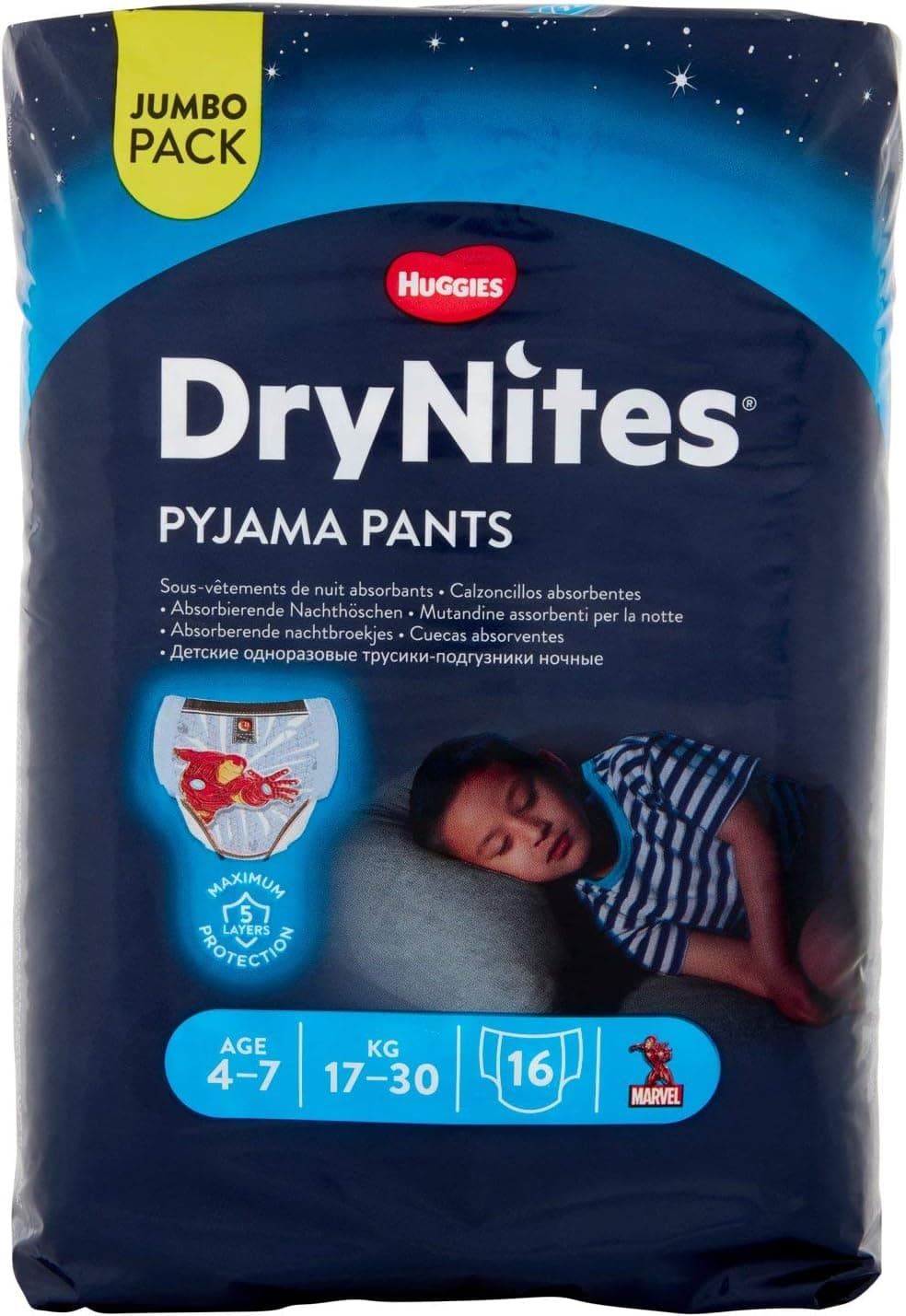 Huggies DryNites Pyjama Pants, 4-7 years, Bed Wetting Diaper, Boys, 17-30 kg, Jumbo Pack, 16 Pants - 1