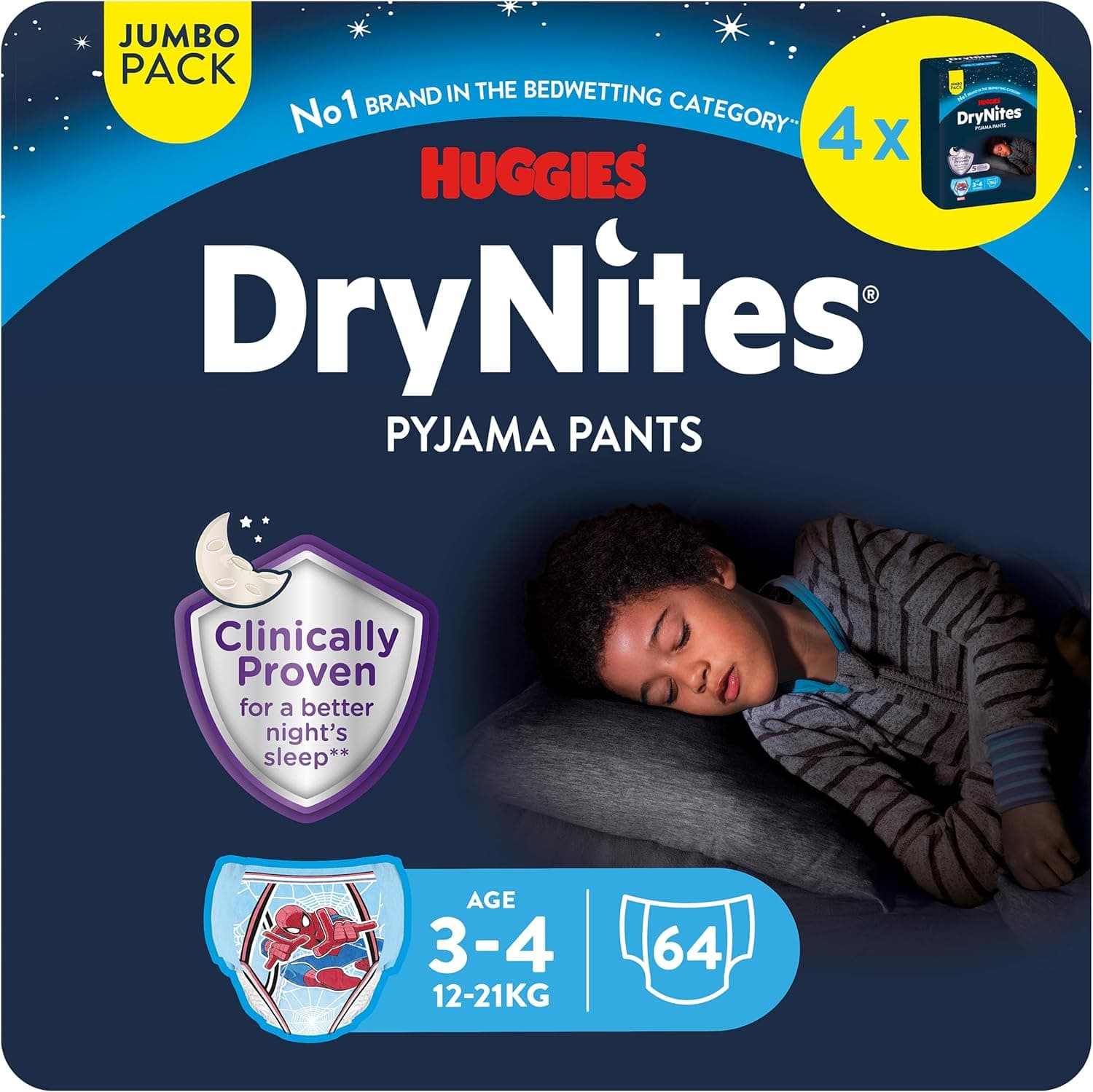 Huggies DryNites Pyjama Pants, 3-5 years, Bed Wetting Diaper, Boy, 16-23 kg, 4 x Jumbo Packs, 64 Pants - 1