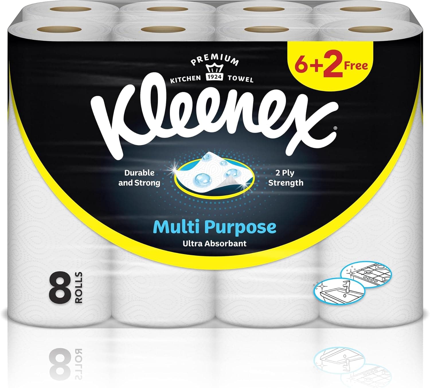 Kleenex Multi Purpose Kitchen Tissue Paper Towel, 2 PLY, 8 Rolls x 40 Sheets, Absorbent Towels for all Surfaces - 1