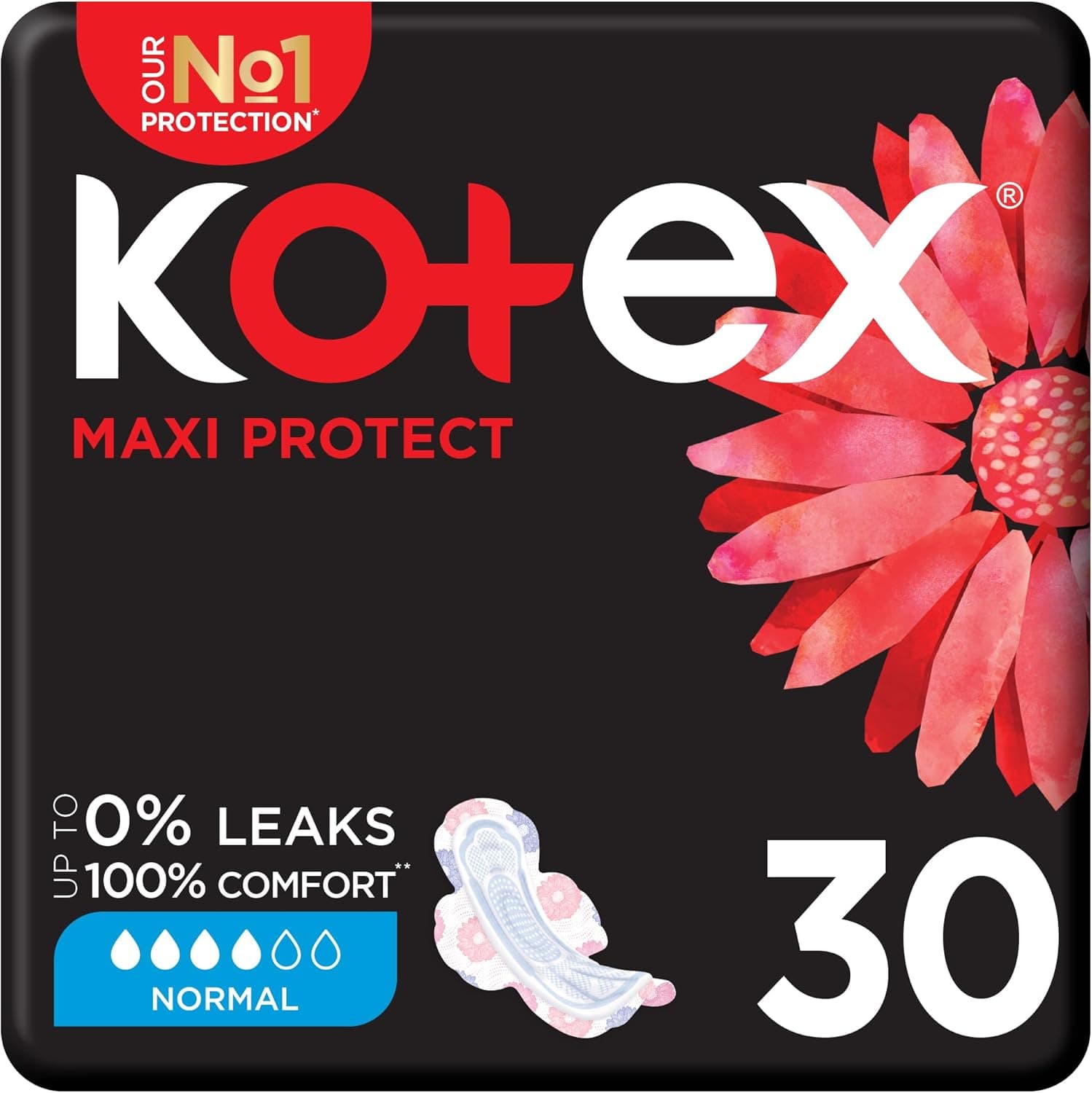 Kotex Maxi Protect Thick Pads, Normal Size Sanitary Pads with Wings, 30 Sanitary Pads - 1