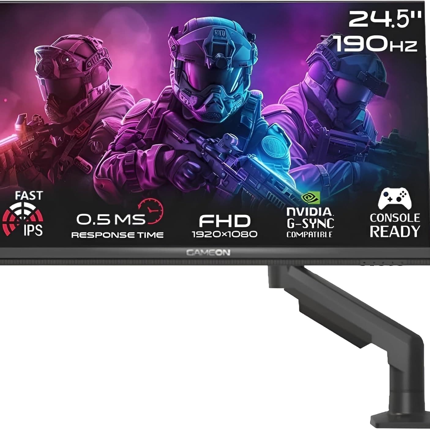 GAMEON GOM24FHD190IPSX Midnight Pro X series, Black Gaming Monitor 24.5 inch, 1920x1080p FHD Fast IPS Panel, 190Hz, 0.5ms, 2.1 HDMI, With stand,Freesync&Gsync, Supports HDR, PS5, VRR - 1