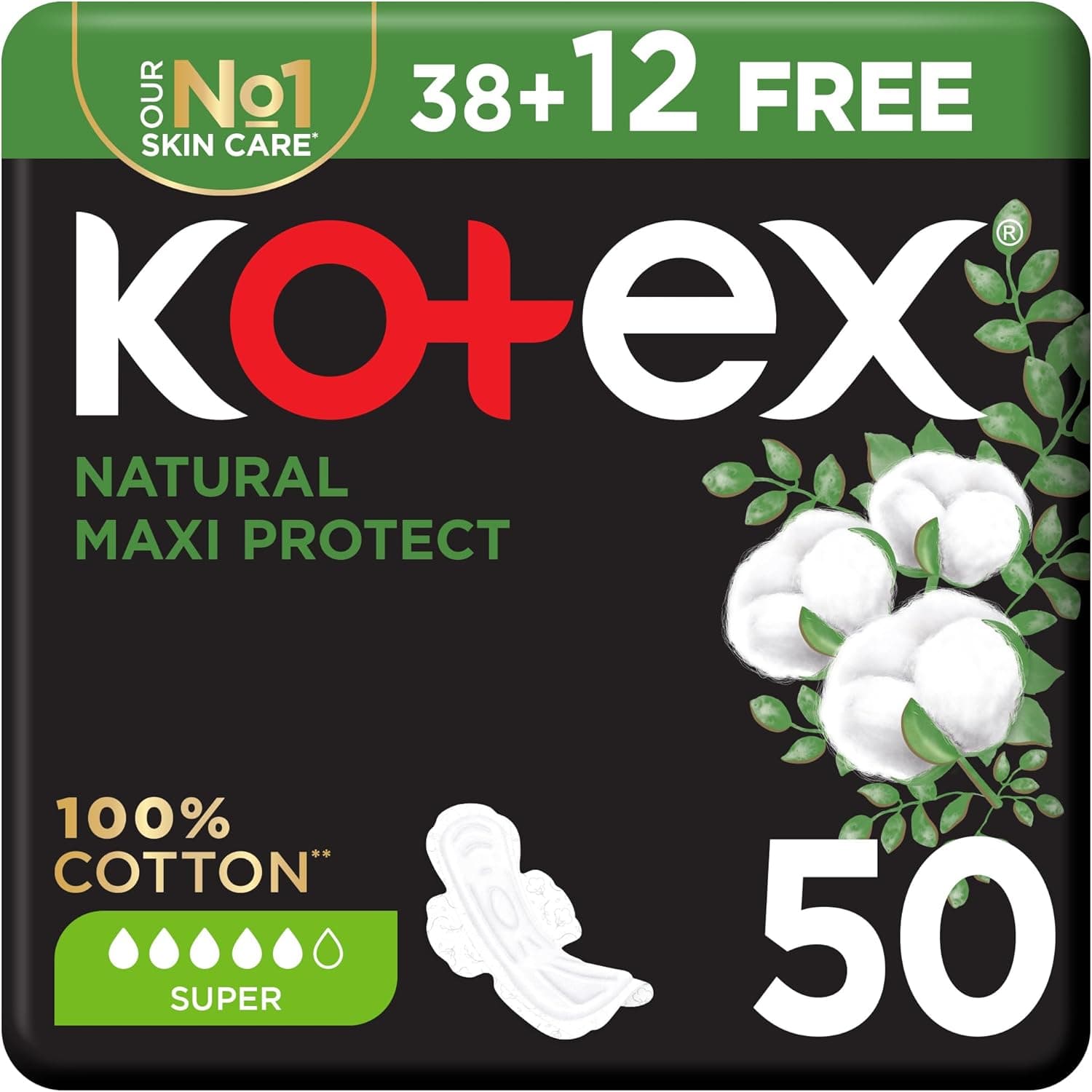 Kotex Natural Maxi Protect Thick Pads, 100% Cotton Pad, Super Size with Wings, 50 Sanitary Pads - 1