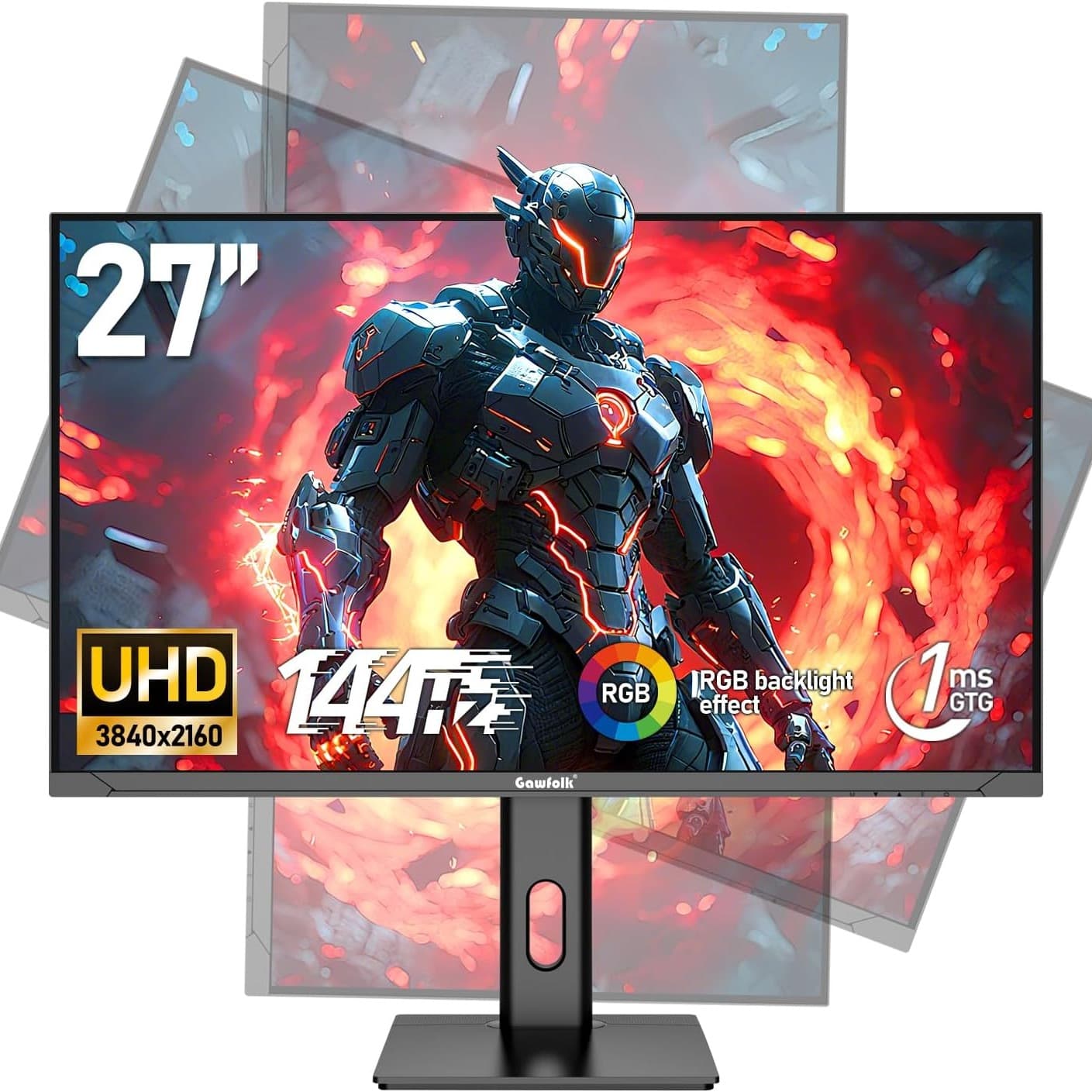 Gawfolk 27 Inch Gaming Monitor UHD 144Hz Computer Display Screen 4K 100% sRGB FreeSync 1ms(GTG) with RGB Backlighting Height/Tilt/Swivel Adjustable Stand - 1
