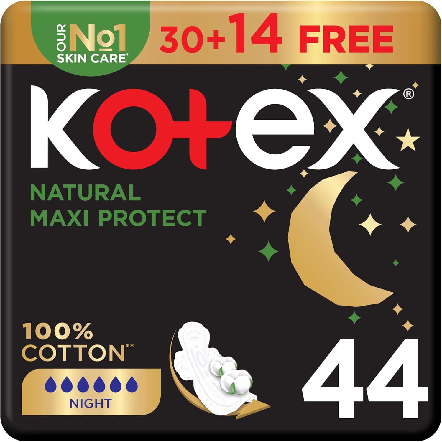 Kotex Natural Maxi Protect Thick Pads, 100% Cotton Pad, Overnight Protection Sanitary Pads with Wings, 44 Sanitary Pads - 1