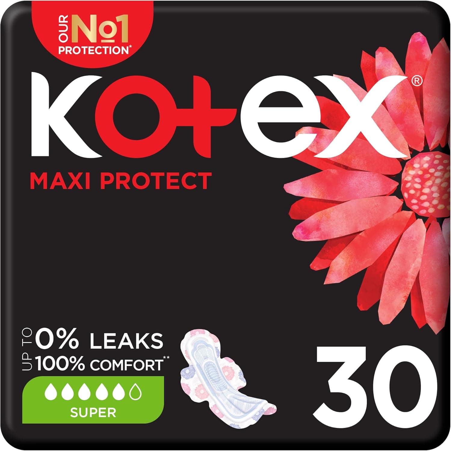 Kotex Maxi Protect Thick Pads, Super Size Sanitary Pads with Wings, 30 Sanitary Pads - 1