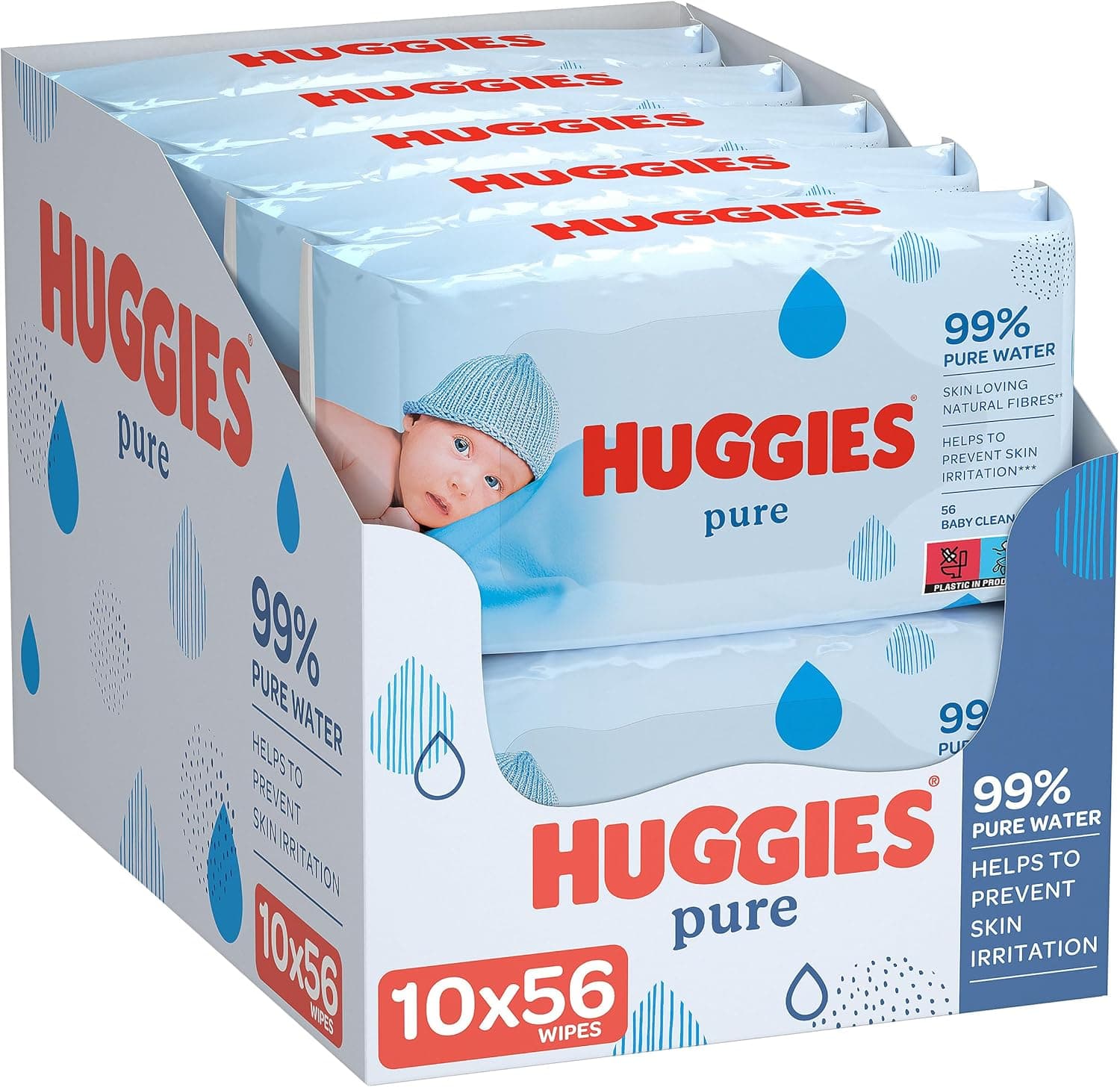 Huggies Pure Baby Wipes, 99% Pure Water Wipes, 10 Pack x 56 Wipes (560 Wipes) - 1