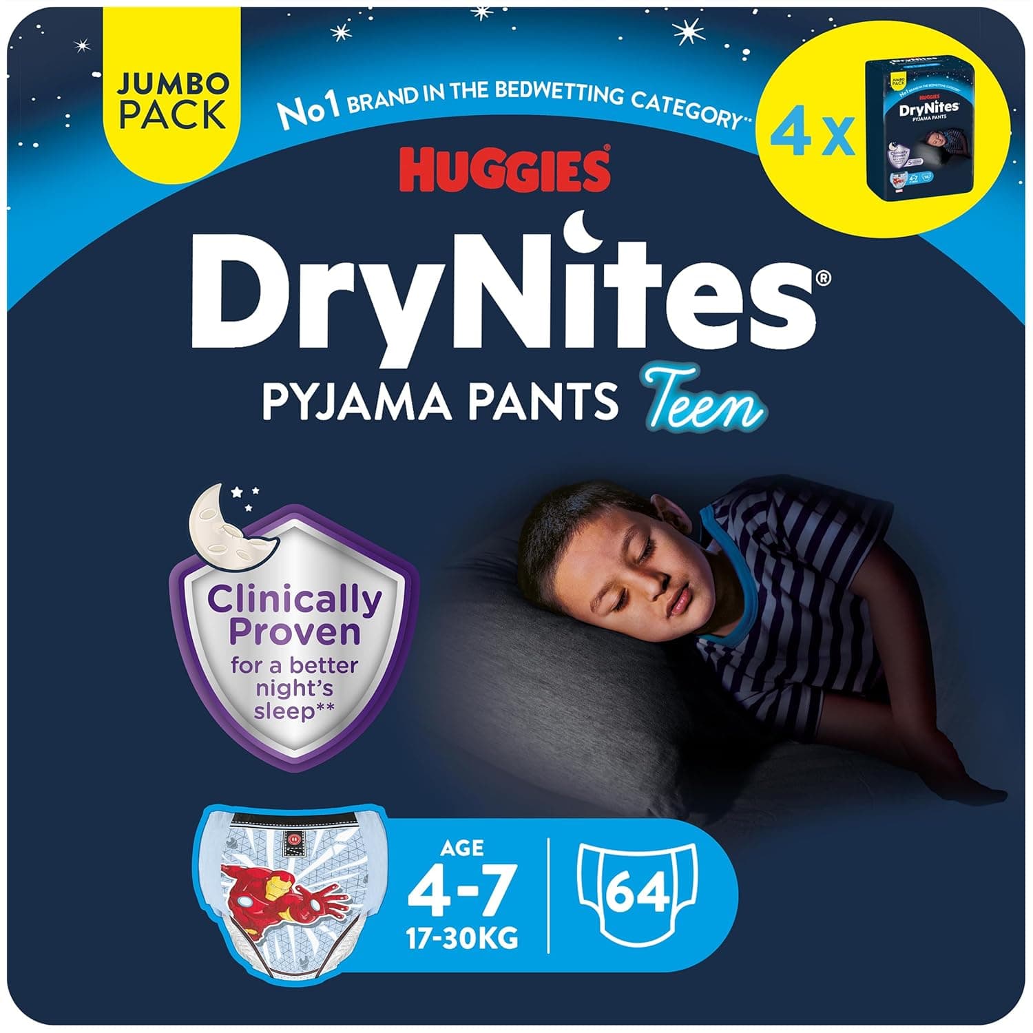 Huggies DryNites Pyjama Pants, 4-7 years, Bed Wetting Diaper, Boys, 17-30 kg, 4 x Jumbo Packs, 64 Pants - 1
