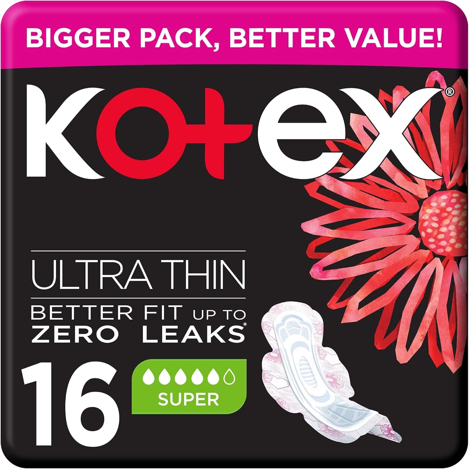 Kotex Ultra Thin Pads, Super Size Sanitary Pads with Wings, 16 Sanitary Pads - 1
