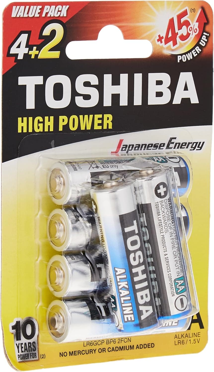 TOSHIBA Long-lasting Vibration resistance High Power Alkaline AA - 4+2 Battery Pack - 1