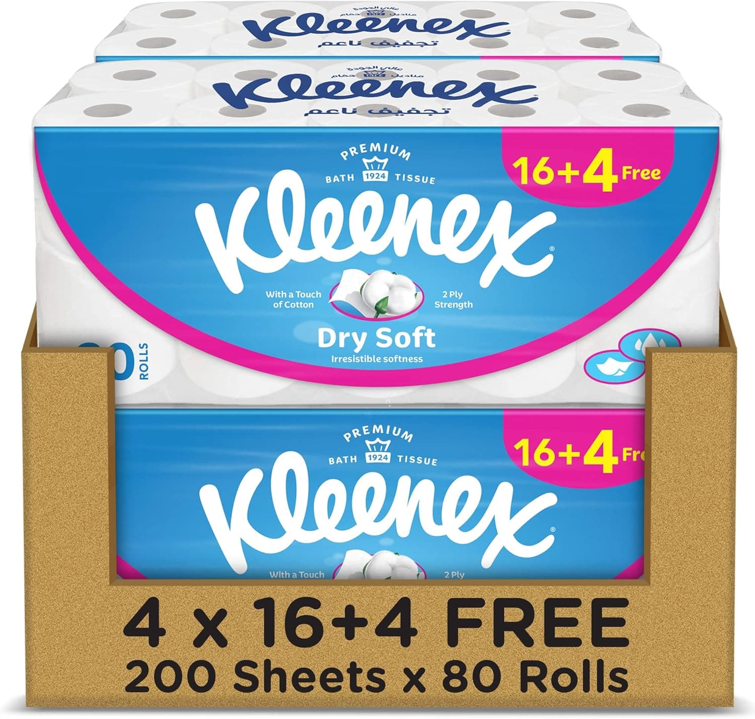 Kleenex Dry Soft Toilet Tissue Paper, 2 PLY, 80 Rolls x 200 Sheets, Embossed Bathroom Tissue with a Touch Of Cotton - 1