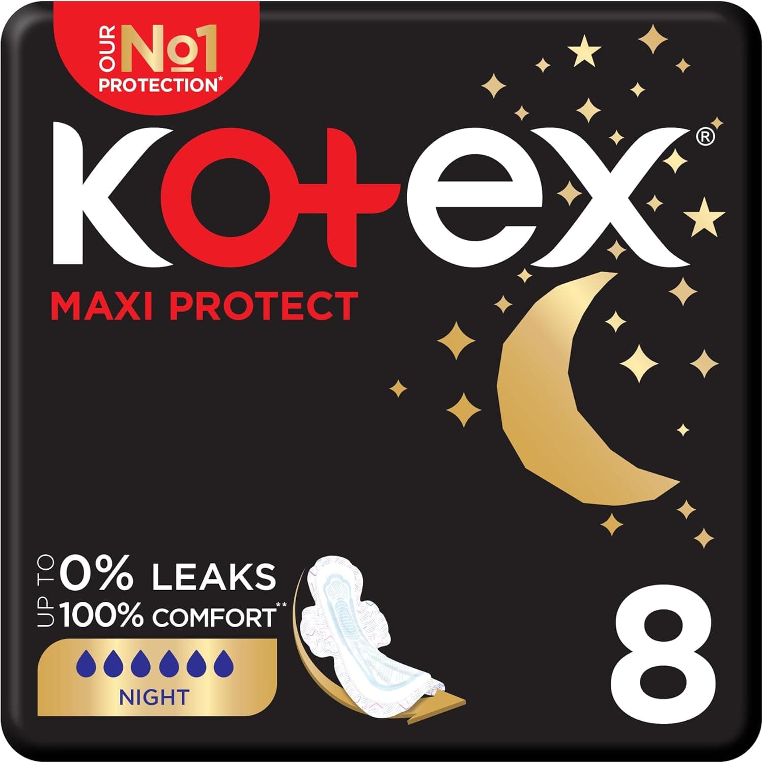 Kotex Maxi Protect Thick Pads, Overnight Protection Sanitary Pads with Wings, 8 Sanitary Pads - 1