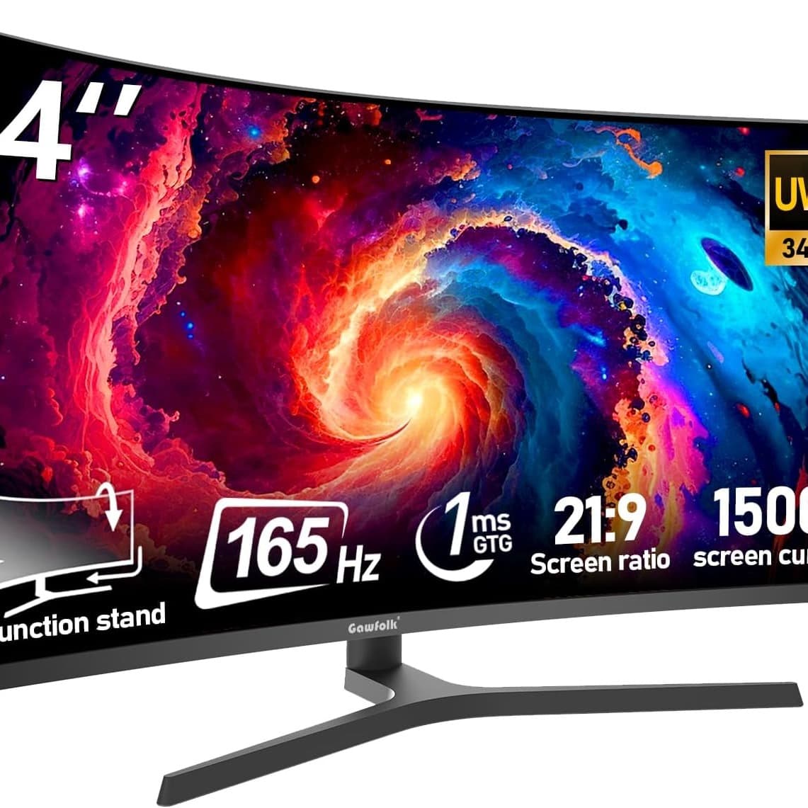 Gawfolk 34 Inch Gaming Monitor UWQHD 165Hz Ultrawide 21:9 Curved 1500R Computer Monitor 3440x1440 1ms(GTG) PBP/PIP FreeSync 99% sRGB HDR With Tilt/Height/Swivel Adjustable VESA - 1