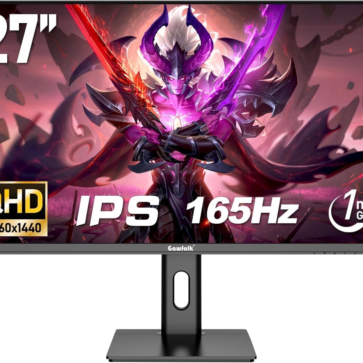 Gawfolk 27 Inch IPS Gaming Monitor QHD 165Hz Computer Display Screen 100% sRGB FreeSync 1ms(GTG) RGB Lighting with Height/Tilt/Swivel Adjustable Stand - 1