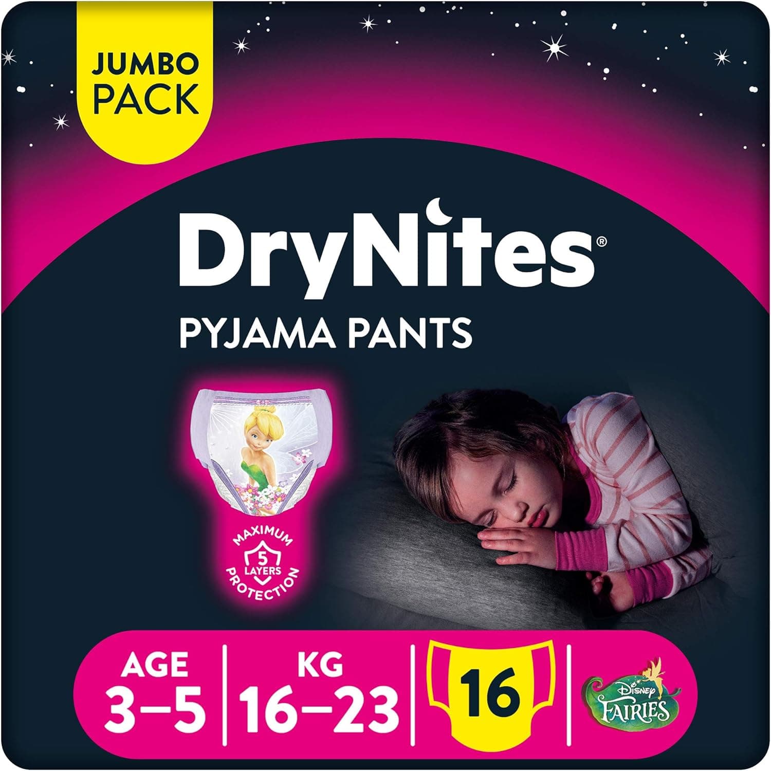 Huggies DryNites Pyjama Pants, 3-5 years, Bed Wetting Diaper, Girl, 16-23 kg, Jumbo Pack, 16 Pants - 1